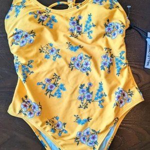 NWT S Wallflower yellow one piece swimsuit with strappy detail